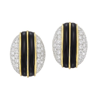Lot 3400 - Pair of Gold, Platinum, Black Onyx and Diamond Earclips, Tiffany & Co.