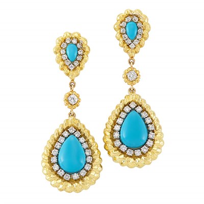 Lot 3021 - Pair of Two-Color Gold, Turquoise and Diamond Pendant-Earclips