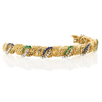 Lot 161 - Gold, Platinum, Diamond, Sapphire and Emerald Bracelet, France