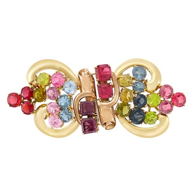 Lot 219 - Two-Color Gold and Multicolored Stone Double Clip-Brooch
