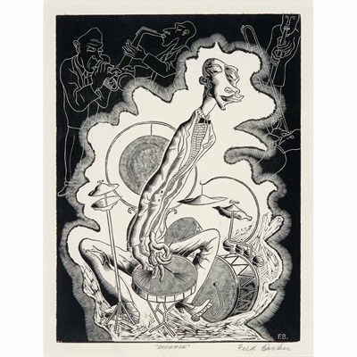 Lot 21 - Fred Becker DRUMMER Wood engraving, signed and...