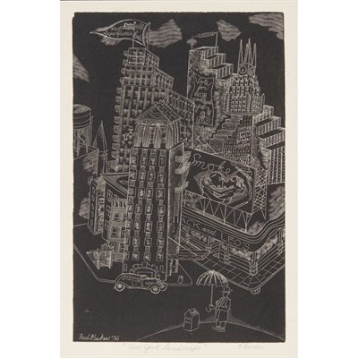 Lot 20 - Fred Becker NEW YORK LANDSCAPE Wood engraving,...