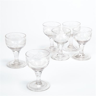 Lot 356 - Set of Six English Engraved Glass Wine Glasses...