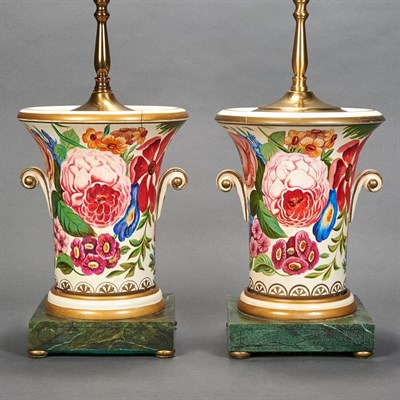Lot 423 - Pair of Floral Decorated Painted Wood Urn-Form...