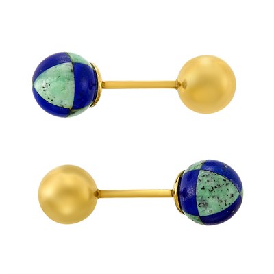 Lot 77 - Pair of Gold, Lapis and Green Hardstone Cufflinks, Tiffany & Co.