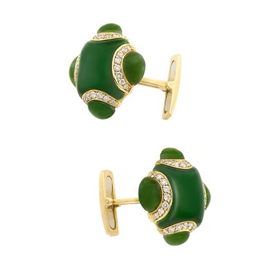 Lot 76 - Pair of Gold, Nephrite and Diamond Cufflinks, Andreoli