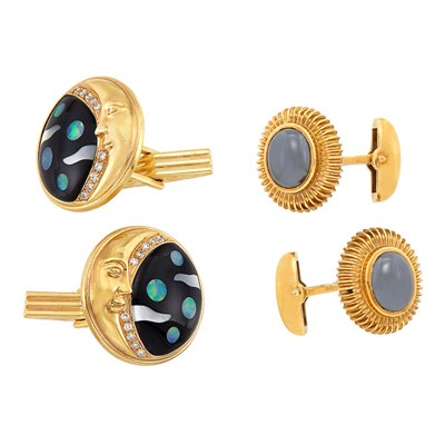 Lot 94 - Pair of Hematite Cufflinks, Deakin & Francis, and Pair of Black Onyx, Opal, Mother-of-Pearl and Diamond Cufflinks, Grossbardt