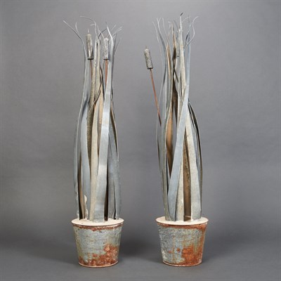 Lot 158 - Pair of Metal Potted Cattail Ornaments Height...