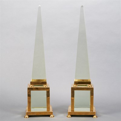Lot 358 - Pair of Polished Brass and Glass Obelisks...