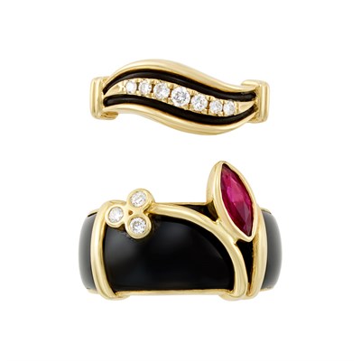 Lot 3299 - Two Gold, Black Onyx, Ruby and Diamond Rings