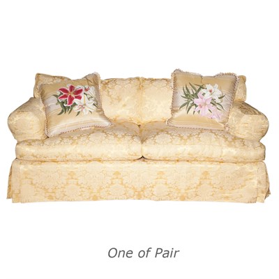 Lot 485 - Pair of Yellow Damask Upholstered Sofas Length...