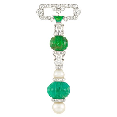 Lot 3442 - Art Deco Platinum, Carved Emerald, Diamond and Cultured Pearl Brooch, France