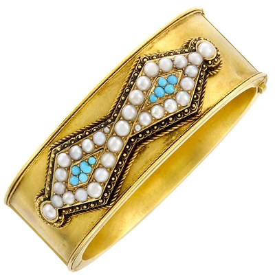 Lot 3030 - Victorian Gold, Turquoise, and Split Pearl Bangle Bracelet