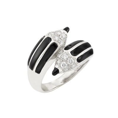 Lot 3222 - White Gold, Black Onyx and Diamond Pencil Crossover Ring