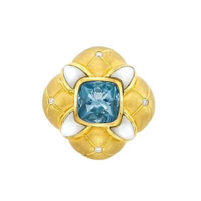 Lot 3391 - Gold, Blue Topaz, Mother-of-Pearl and Diamond Ring