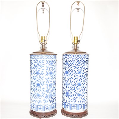 Lot 502 - Pair of Chinese Blue and White Porcelain Lamps...