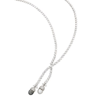Lot 480 - Platinum, White Gold, Diamond, South Sea Cultured Pearl and Tahitian Gray Cultured Pearl Necklace