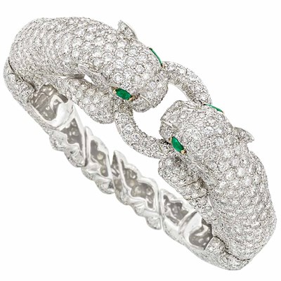 Lot 476 - Platinum, Diamond and Emerald Panther Bangle Bracelet