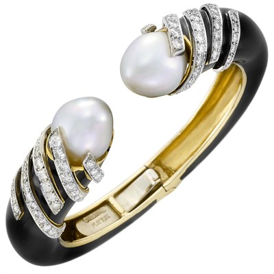 Lot 468 - Gold, Platinum, Black Enamel, South Sea Cultured Pearl, and Diamond Bangle Bracelet, David Webb