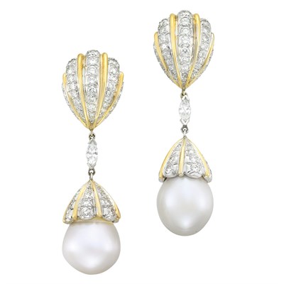 Lot 466 - Pair of Two-Color Gold, Diamond and South Sea Cultured Pearl Pendant-Earclips