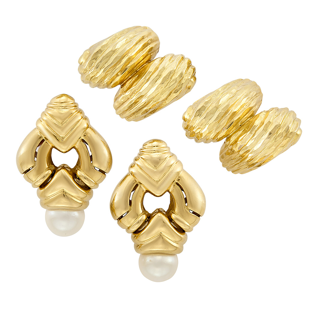 Lot 63 - Pair of Gold and Cultured Pearl Earclips and Pair of Hammered Gold Earclips