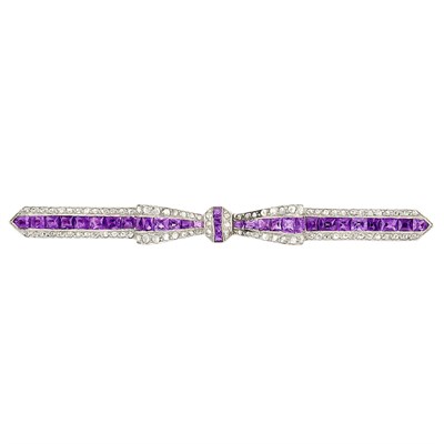 Lot 3245 - Art Deco Platinum, Amethyst and Diamond Bow Brooch
