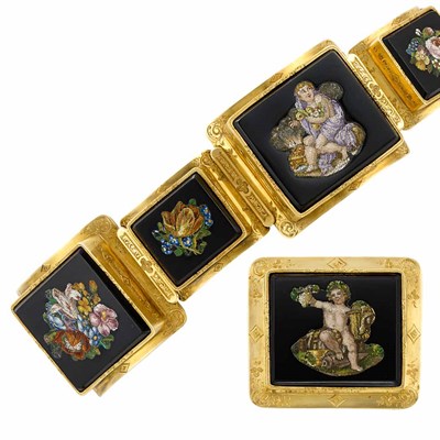 Lot 3405 - Antique Gold, Micromosaic and Black Onyx Bracelet and Brooch, France