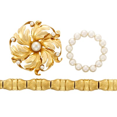 Lot 3292 - Gold Bracelet and Two Gold and Cultured Pearl Brooches