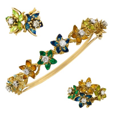 Lot 3304 - Gold, Multicolored Enamel and Diamond Floral Bracelet and Two Rings