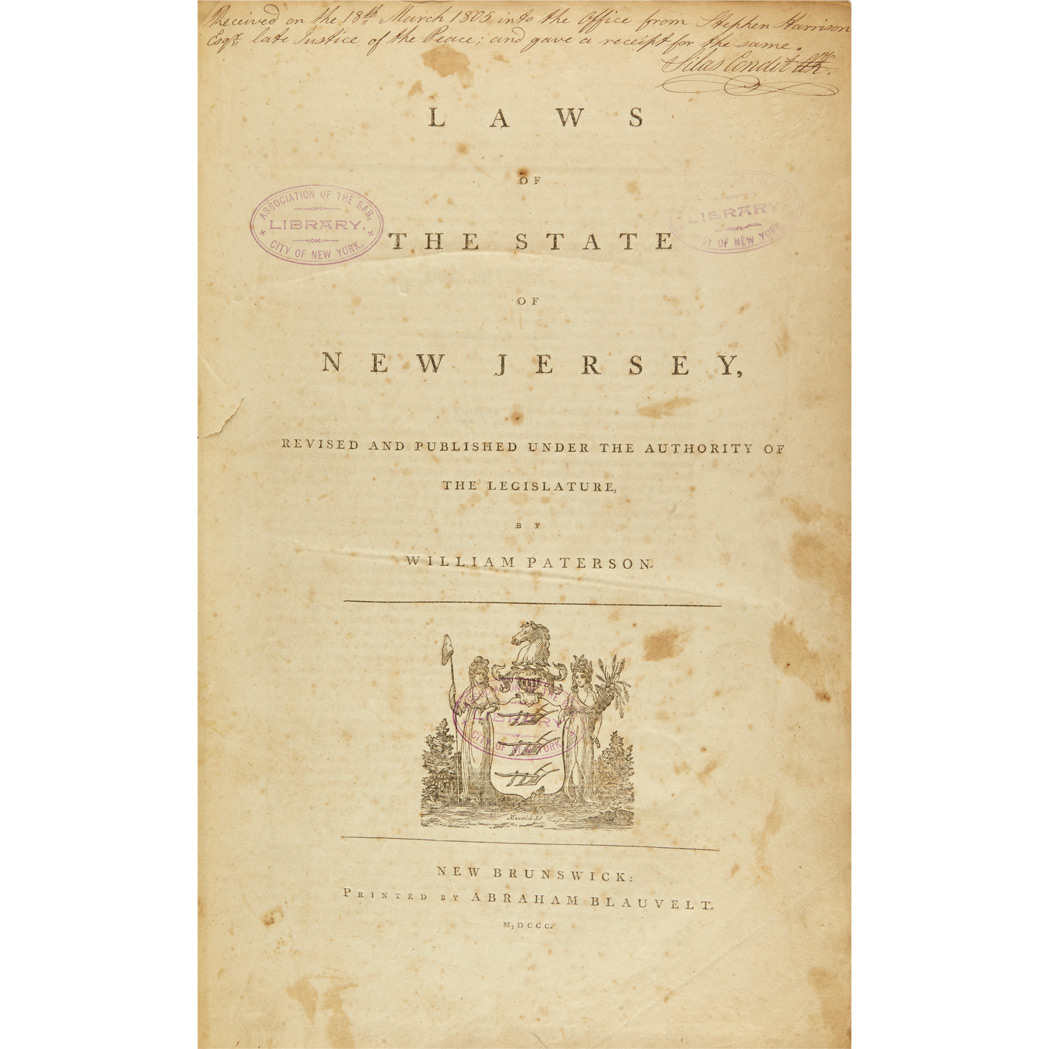 Lot 20 - [NEW JERSEY - FEDERAL] PATERSON, WILLIAM. Laws...