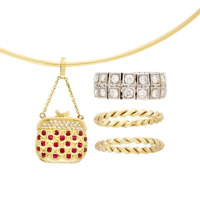 Lot 3319 - Platinum and Diamond Ring, Two Gold Rings and Ruby and Diamond Purse Pendant with Gold Collar