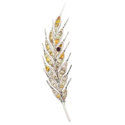 Lot 3367 - Low Karat White Gold, Diamond and Fancy Colored Diamond Wheat Sheath Brooch, Koch