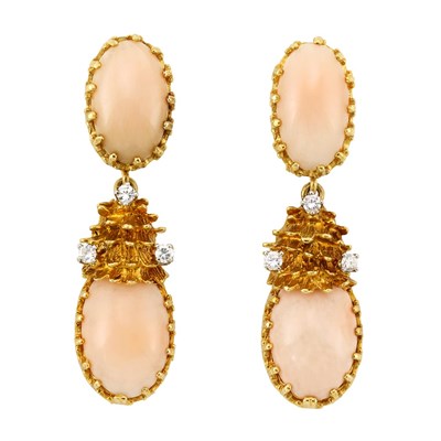 Lot 3165 - Pair of Two-Color Gold, Coral and Diamond Pendant-Earrings, Cellino