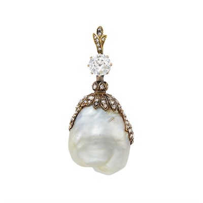 Lot 3440 - Antique Gold, Natural Baroque Pearl and Diamond Pendant