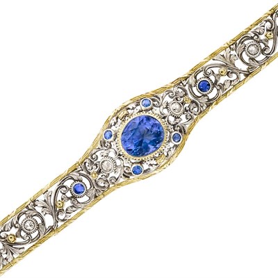 Lot 3439 - Antique Gold, Silver-Topped Gold, Sapphire and Diamond Bracelet