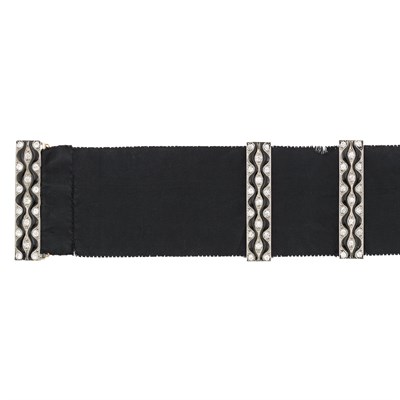 Lot 3072 - Edwardian Platinum, Diamond, Enamel and Black Grosgrain Ribbon Collar Necklace