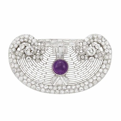 Lot 3248 - Art Deco Platinum, Cabochon Amethyst and Diamond Brooch