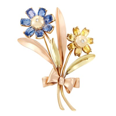 Lot 3212 - Two-Color Gold, Multicolored Sapphire and Diamond Bouquet Brooch, Tiffany & Co.