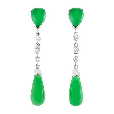 Lot 3075 - Pair of White Gold, Platinum, Jade and Diamond Pendant-Earrings