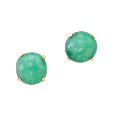 Lot 3308 - Pair of Gold and Cabochon Emerald Earclips