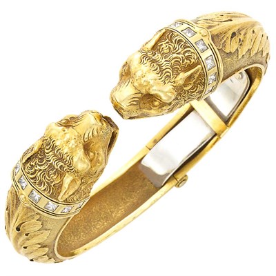 Lot 3169 - Gold and Diamond Lion Head Bangle Bracelet, Lantuch