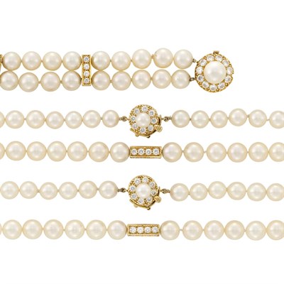 Lot 3014 - Two Gold, Cultured Pearl and Diamond Necklaces and Bracelet