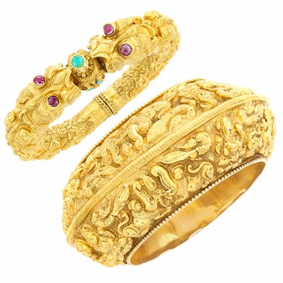 Lot 3097 - Repousse Gold Bangle Bracelet and Repousse Gold, Lead-Filled, Turquoise and Paste Bangle Bracelet