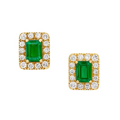 Lot 3381 - Pair of Gold, Synthetic Emerald and Diamond Earclips