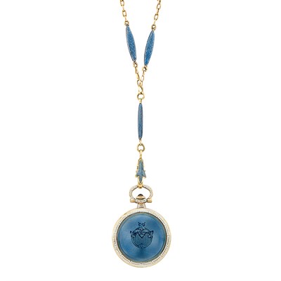 Lot 3050 - Edwardian Gold, Guilloche Enamel, Enamel and Enamel Pendant-Watch Necklace, Tiffany & Co.