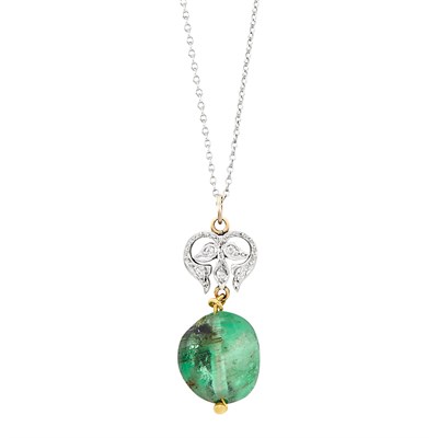Lot 3376 - Edwardian Platinum-Topped Gold, Emerald and Diamond Pendant with White Gold Chain Necklace