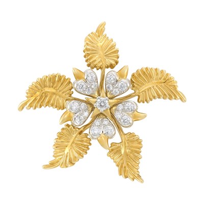 Lot 406 - Gold, Platinum and Diamond 'Floral Leaves' Clip-Brooch, Tiffany & Co., Schlumberger