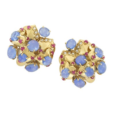 Lot 282 - Pair of Gold, Cabochon Sapphire and Ruby and Diamond Earclips