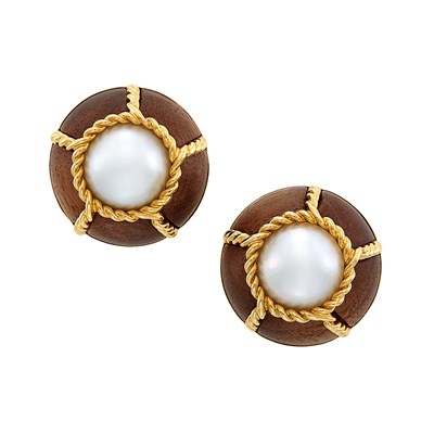 Lot 48 - Pair of Gold, Mabe Pearl and Wood Earclips, Seaman Schepps