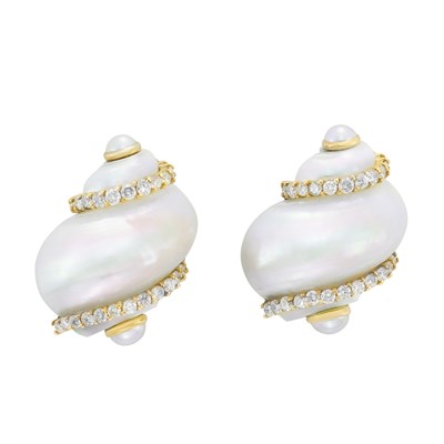 Lot 234 - Pair of Gold, Shell, Diamond and Split Pearl Earclips, Seaman Schepps